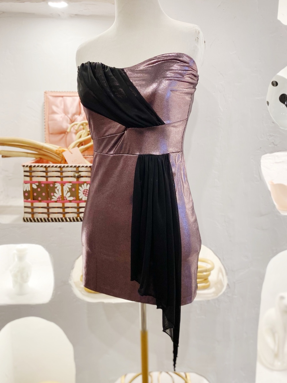 Y2K Body Con Purple Metallic Strapless Clubbing Dress with Black Chiffon Panel